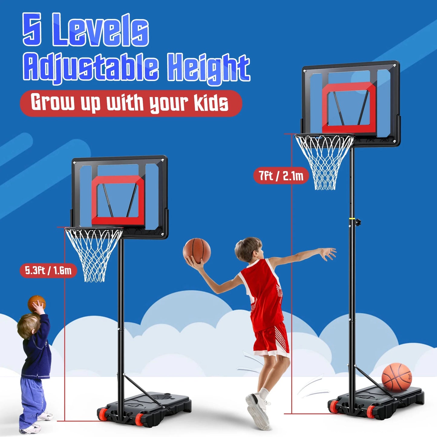 Portable Basketball Hoop Outdoor, 33In Basketball Goals 5-7Ft Height Adjustable PVC Basketball Hoop Goals for Basketball Court Kids Toddlers Play Outdoor