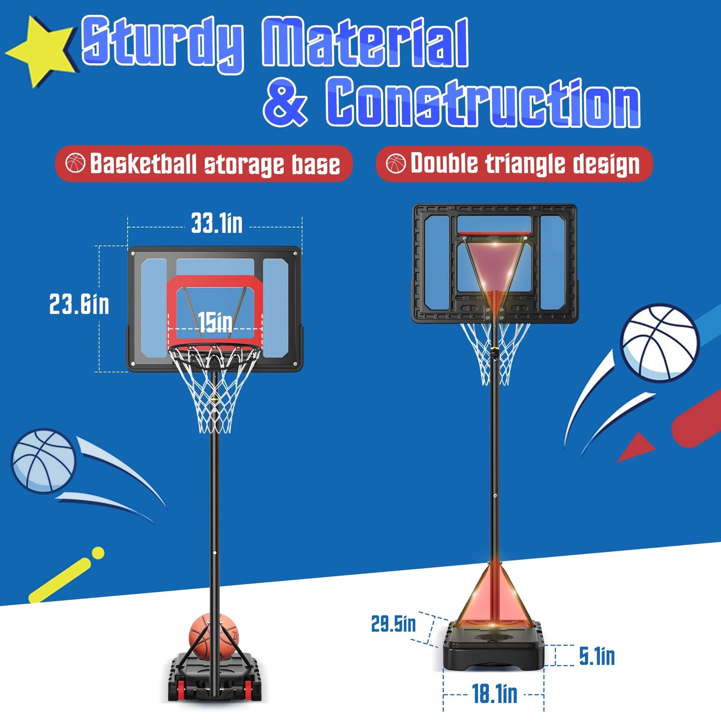 Portable Basketball Hoop Outdoor, 33In Basketball Goals 5-7Ft Height Adjustable PVC Basketball Hoop Goals for Basketball Court Kids Toddlers Play Outdoor